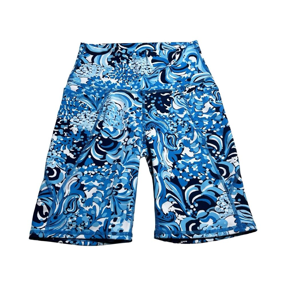 Lilly Pulitzer Luxletic Blue Floral Bike Shorts High Rise Pockets Small 011076